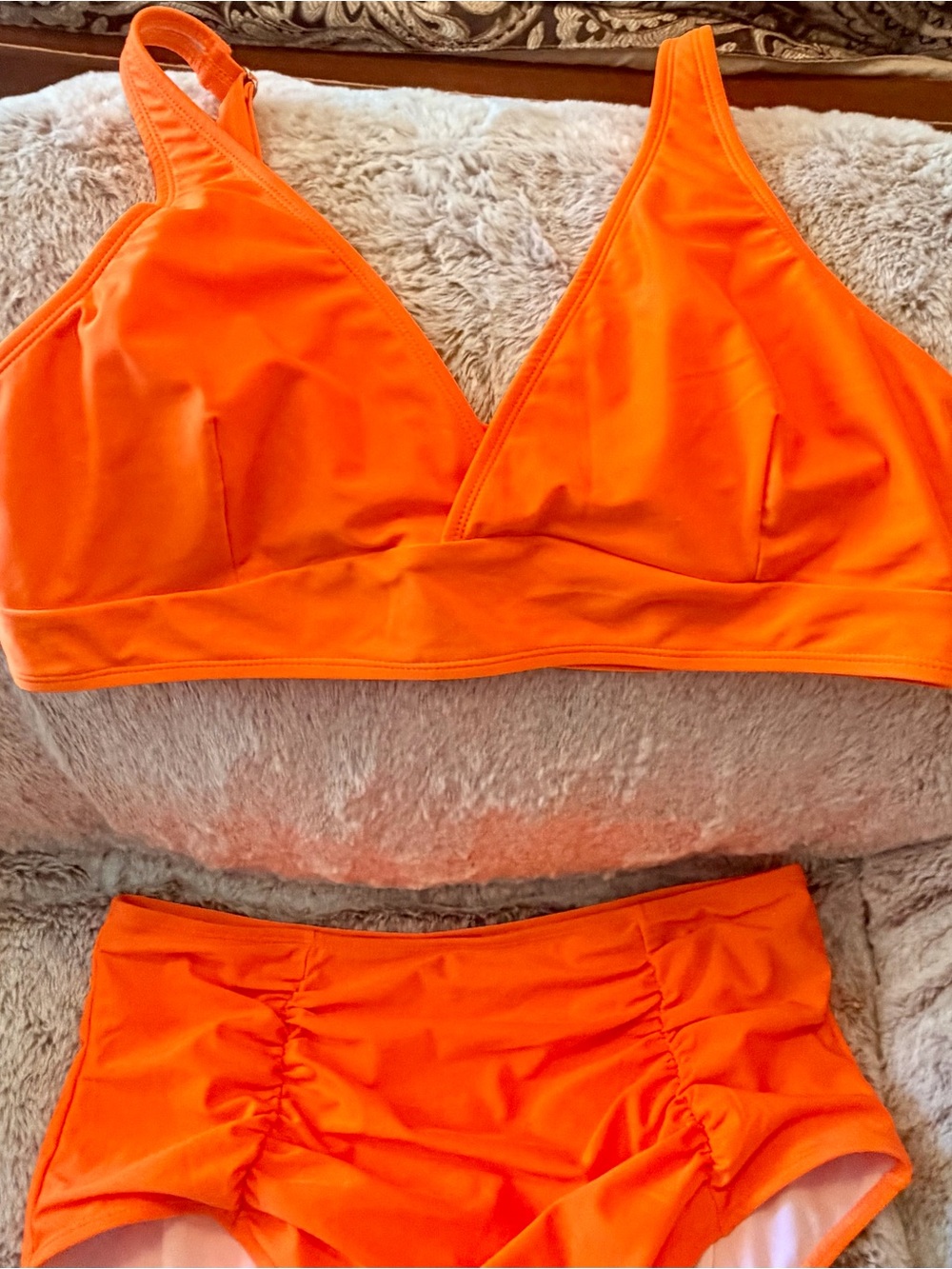 SHEIN Bright Orange Triangle Bikini Set with Ruched High Waist